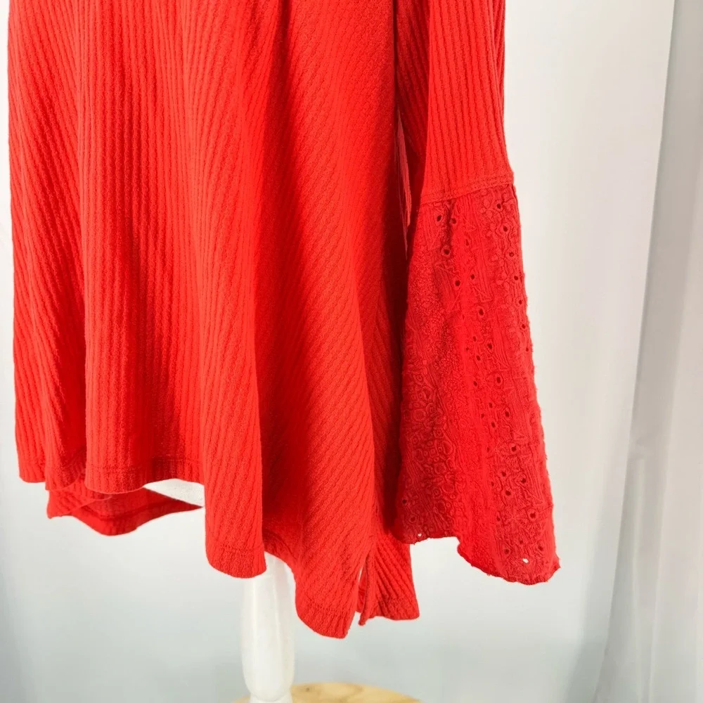 Free People Parisian Nights Bell Sleeve Peasant Blouse Eyelet Orange Size S/M